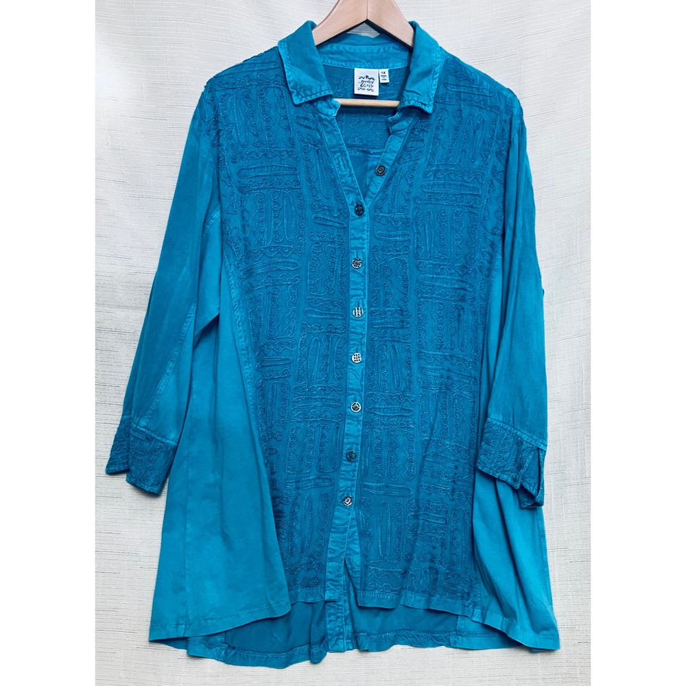 Parsley & Sage Tunic Women 1X Turquoise Excellent Embroidered Button Back Top
